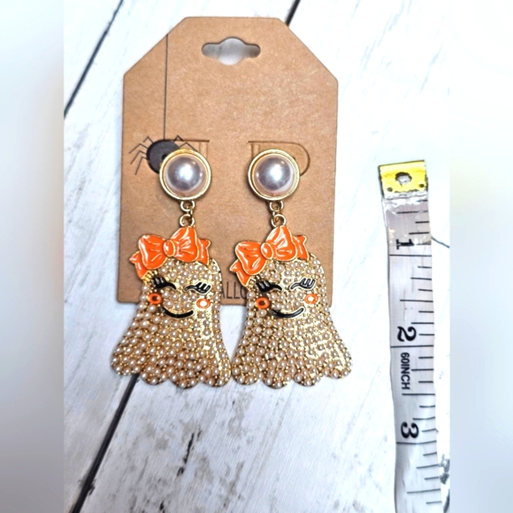 NEW Halloween Ghost Gold Pearl Stud Dangle Earrings Orange Bow - Picture 6 of 7